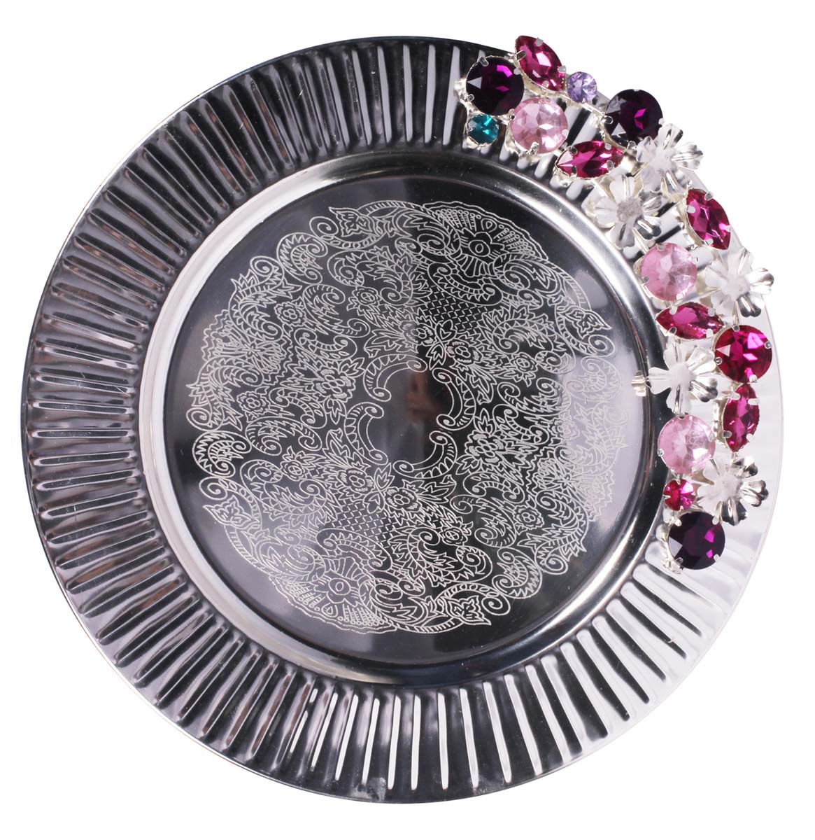 Buy in Bulk Wholesale Decorative Tray - 14” Round Metal Silver Color - Hand-Engraved Tray with Colorful Gem Stones - Rich Home Decor